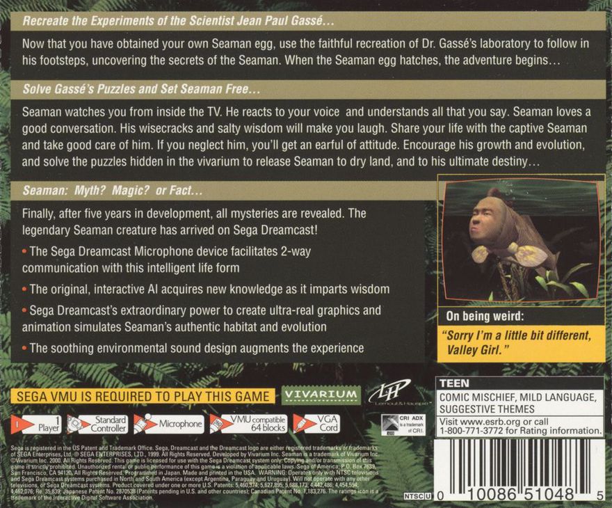 SEGA Dreamcast Seaman Back Cover