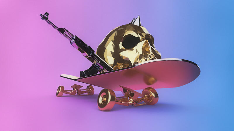 3D Rendered Skateboard & Skull